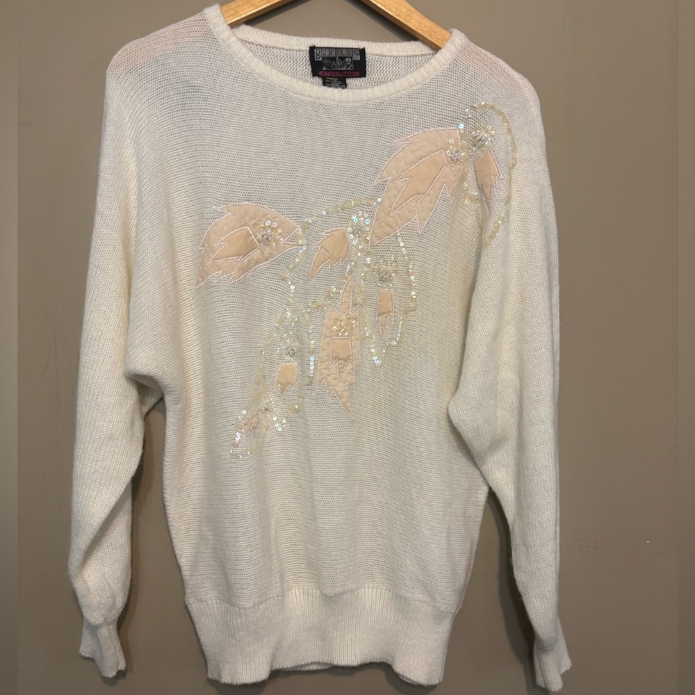 BUBBLES INTERNATIONAL Vintage 80’s Knit Sweater w. Leaf & Sequins Embellishments
